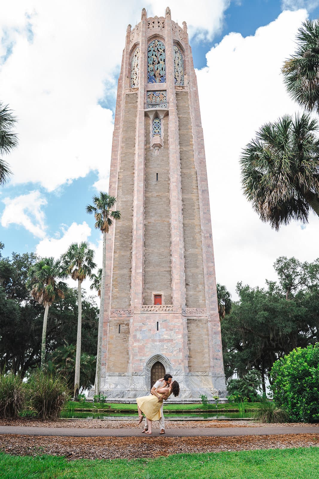 Bok Tower with couple beneath, wide view
